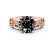 Fancy Black Round Cut Diamond Milgrain Leaf Band Solitaire Ring Set in Rose gold with Accent Stones and Prong Setting