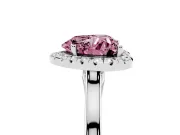 Fancy Pink Heart Cut Halo Round Diamond Solitaire Ring Set in Platinum with Pavé Band and Prong Setting