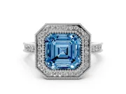Asscher Cut Vintage Milgrain Halo Engagement Ring Setting for a Fancy Blue Lab-Grown Diamond | Bezel Head | White Gold
