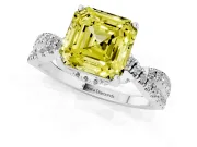 Fancy Yellow Asscher Cut Diamond Twist Pavé Solitaire Engagement Ring Set in Platinum with Prong Setting