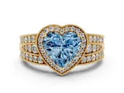 Fancy Blue Heart Cut Diamond Halo Ring Set in Yellow gold with Accent Split Shank and Prong Setting