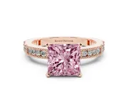 Fancy Pink Princess Cut Diamond Solitaire Ring Set in Rose gold with Slim Pavé Band and Prong Setting