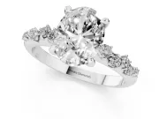Oval Cut Diamond Solitaire Vine Band Ring Set in White gold with Round Accents and Prong Setting