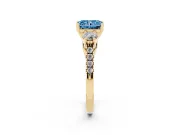 Fancy Blue Three-Stone Radiant Cut Diamond Pavé Band Ring Set in Yellow gold with Prong-Set Trio