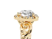 Heart Cut Diamond Halo Ring Set in Yellow gold with Scrollwork Band and Prong Setting
