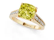 Fancy Yellow Cushion Cut Diamond Solitaire Pavé Engagement Ring Set in Yellow gold with Prong Setting