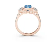 Fancy Blue Cushion Cut Diamond Three-Stone Ring Set in Rose gold with Pavé Band