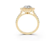 Round Cut Diamond Milgrain Floral Halo Engagement Ring Set in Yellow gold with Pavé Band