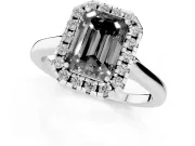 Fancy Black Emerald Cut Halo Round Diamond Solitaire Ring Set in Platinum with Pavé Band and Prong Setting