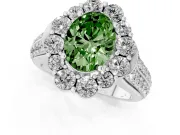 Fancy Green Oval Cut Diamond Halo Engagement Ring Set in White gold with Split Shank and Prong Setting