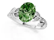 Fancy Green Oval Cut Diamond Solitaire Leaf-Inspired Ring Set in Silver with Pavé Band and Prong Setting