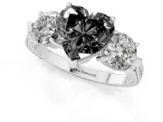 Fancy Black Heart Cut Diamond Three-Stone Ring Set in Silver with Milgrain Band