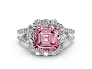 Fancy Pink Asscher Cut Diamond Halo Split Shank Engagement Ring Set in Platinum with Prong-Held Center Stone