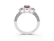 Fancy Pink Emerald Cut Diamond Three-Stone Ring Set in Silver with Round Side Stones and Pavé Band
