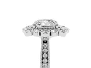 Cushion Cut Diamond Halo Milgrain Pavé Ring Set in Platinum with Prong Setting