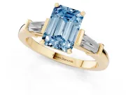 Emerald Cut Three-Stone Engagement Ring Setting for a Fancy Blue Lab-Grown Diamond | Tapered Baguettes | Yellow Gold