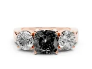 Cushion Cut Three Stone Engagement Ring Setting for a Black Center | Round Side Stones | Rose Gold