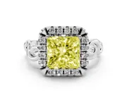 Fancy Yellow Princess Cut Diamond Halo Ring Set in White gold with Scrollwork Band and Prong Setting