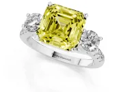 Fancy Yellow Three-Stone Asscher Cut Diamond Pavé Band Ring Set in Platinum with Prong-Set Trio