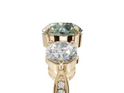 Round Three Stone Engagement Ring Setting for a Fancy Green Lab-Grown Diamond | Tapered Pave Band | Yellow Gold