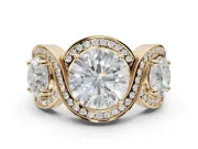 Round Three Stone Halo Engagement Ring Setting | Pavé Wave Band | Yellow Gold