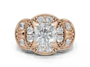 Round Vintage Floral Halo Engagement Ring Setting | Engraved Milgrain Band | Rose Gold