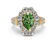 Fancy Green Pear Cut Diamond Halo Engagement Ring Set in Yellow gold with Split Shank and Prong Setting