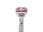 Fancy Pink Cushion Cut Diamond Solitaire Set in Silver with Side Baguettes and Channel Set Band