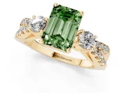 Fancy Green Emerald Cut Diamond Three-Stone Ring Set in Yellow gold with Pavé Split Shank and Prong Setting