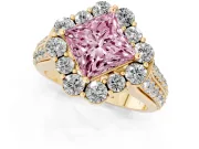 Fancy Pink Princess Cut Diamond Halo Engagement Ring Set in Yellow gold with Split Shank and Prong Setting