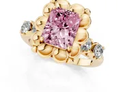 Fancy Pink Radiant Cut Diamond Floral Halo Ring Set in Yellow gold with Shared Prong Band