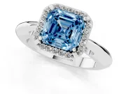 Fancy Blue Asscher Cut Diamond Halo Engagement Ring Set in Platinum with Plain Split Shank and Prong Setting