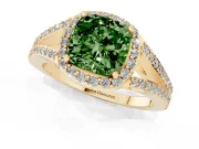 Cushion Cut Halo Engagement Ring Setting for a Fancy Green Lab-Grown Diamond | V-Split Pavé Band | Yellow Gold