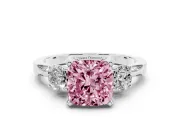 Cushion Cut Hidden Halo Three Stone Engagement Ring Setting for a Fancy Pink Lab-Grown Diamond | Pave Gallery | Platinum