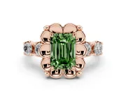 Emerald Cut Floral Engagement Ring Setting for a Fancy Green Lab-Grown Diamond | Petal Frame and Side Stones | Rose Gold