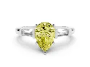 Fancy Yellow Pear Cut Diamond Solitaire Ring Set in Silver with Tapered Baguette Accents and Prong Setting