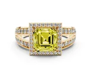 Asscher Cut Halo Engagement Ring Setting for a Fancy Yellow Lab-Grown Diamond | Two-Row Pave Split Shank | Yellow Gold