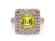 Fancy Yellow Asscher Cut Diamond Double Halo Ring Set in Rose gold with Pavé Split Shank and Prong Setting