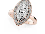 Marquise Cut Diamond Halo Solitaire Ring Set in Rose gold with Pavé Band and Prong Setting