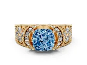 Cushion Cut Vintage Pave Engagement Ring Setting for a Fancy Blue Lab-Grown Diamond | Milgrain Edges | Yellow Gold