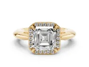 Asscher Cut Diamond Halo Engagement Ring Set in Yellow gold with Plain Split Shank and Prong Setting
