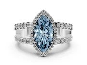 Fancy Blue Marquise Cut Diamond Halo Ring Set in Platinum with Pavé Split Shank and Prong Setting