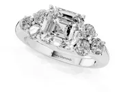 Asscher Cut Diamond Cluster Ring Set in Silver with Round Accent Stones and Prong Setting on a Plain Band