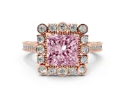 Fancy Pink Princess Cut Diamond Halo Milgrain Pavé Ring Set in Rose gold with Prong Setting
