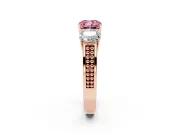 Fancy Pink Cushion Cut Diamond Three-Stone Ring Set in Rose gold with Textured Band