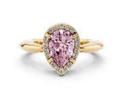 Fancy Pink Pear Cut Diamond Halo Engagement Ring Set in Yellow gold with Plain Split Shank and Prong Setting