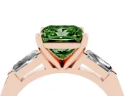 Fancy Green Princess Cut Diamond Solitaire Ring Set in Rose gold with Tapered Baguette Side Stones and Prong Setting