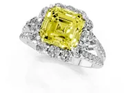 Fancy Yellow Asscher Cut Diamond Halo Split Shank Engagement Ring Set in Platinum with Prong-Held Center Stone