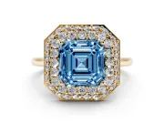 Fancy Blue Asscher Cut Diamond Halo Engagement Ring Set in Yellow gold with Solitaire Band and Prong Setting