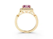 Asscher Cut Halo Engagement Ring Setting for a Fancy Pink Lab-Grown Diamond | Bezel Station Shoulders | Yellow Gold